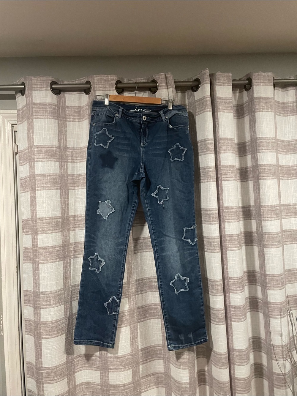 INC International Concepts Dark Blue Star Appliqué Boyfriend Jeans